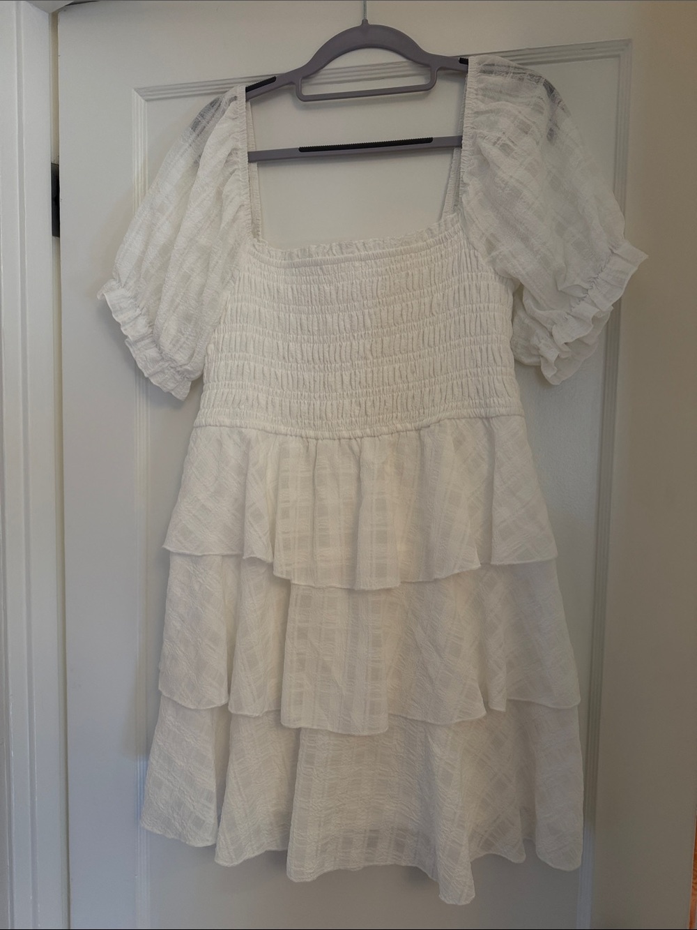 White Ruffle Tiered Puff-Sleeve Bohemian Dress with Smocked Bodice